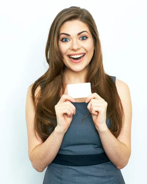 Businesswoman holds business card — Stock Photo, Image