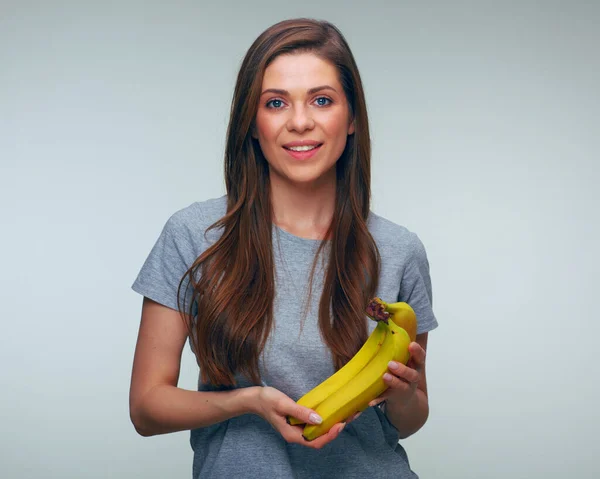 Mujer Joven Vestida Casual Sosteniendo Plátano Retrato Femenino Aislado — Foto de Stock