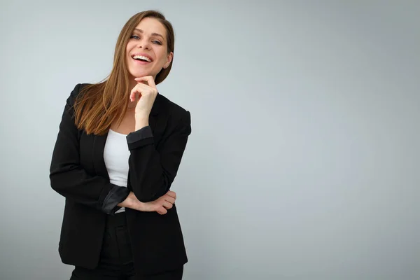 Mulher Negócios Com Grande Sorriso Dente Vestido Terno Preto Retrato — Fotografia de Stock