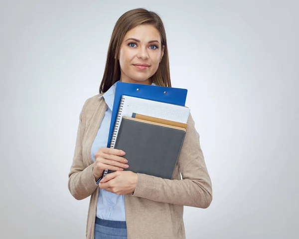 Una Profesora Sonriente Sosteniendo Libros Hermosa Chica Estudiante Retrato Aislado — Foto de Stock