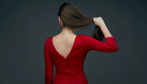Rear View Woman Long Hair Dressed Red Dress Standing Back — Stock Photo, Image