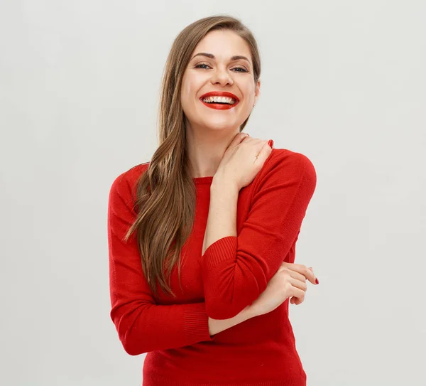 Retrato Sorridente Mulher Com Dentes Saudáveis Branco — Fotografia de Stock