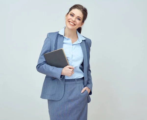 Lachende Lerares Pak Met Boek Geïsoleerd Portret — Stockfoto