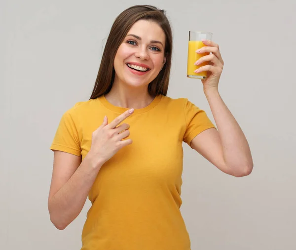 Happy Woman Holding Orange Juice Glass Pointing Finger Him Studio — Stock Photo, Image