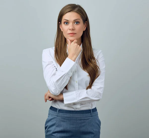 Pensando Mujer Negocios Retrato Aislado Chica Vistiendo Camisa Oficina Blanca — Foto de Stock