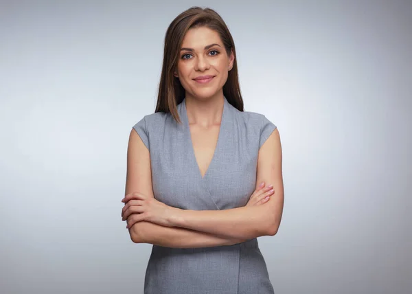 Business Woman Gray Dress Posing Crossed Arms Isolated Female Portrait — Stock Photo, Image