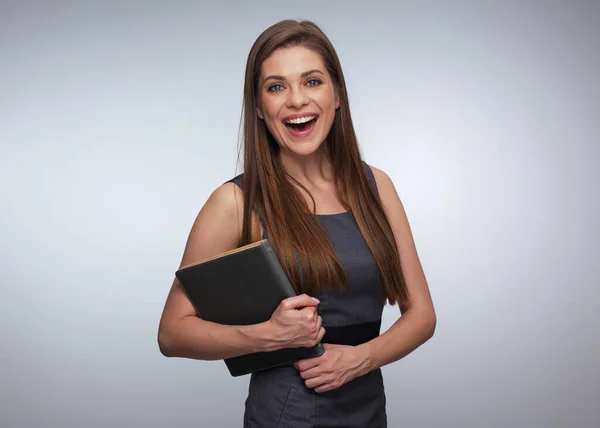 Gelukkige Vrouw Met Boeken Geïsoleerd Portret Student Meisje Met Werkboek — Stockfoto