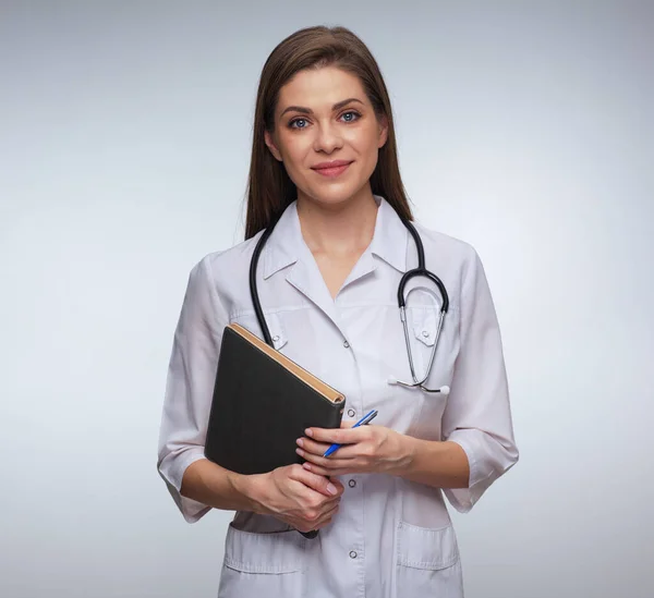 Smiling Woman Doctor White Uniform Holding Books Isolated Portrait Medical — Stock Photo, Image