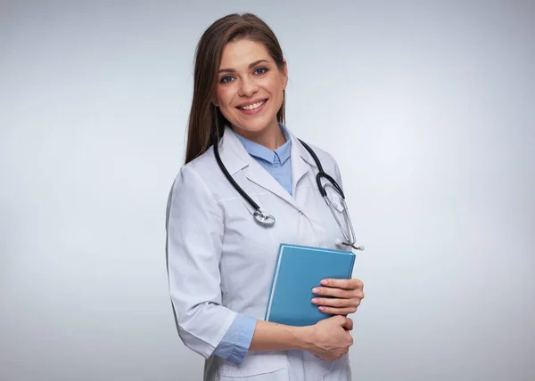 Smiling Woman Doctor Holding Book Journal Isolated Female Medical Worker — Stock Photo, Image