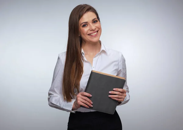 Vrouwelijke Leraar Zakenvrouw Met Boek Vrouwelijke Kantoormedewerker Wit Shirt Studio — Stockfoto