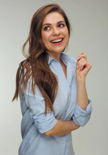 Gelukkige Vrouw Die Glimlacht Wegkijkt Geïsoleerd Vrouwelijk Portret — Stockfoto