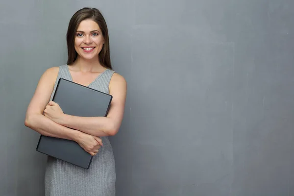 Smiling Business Woman Holding Laptop — Stock Photo, Image
