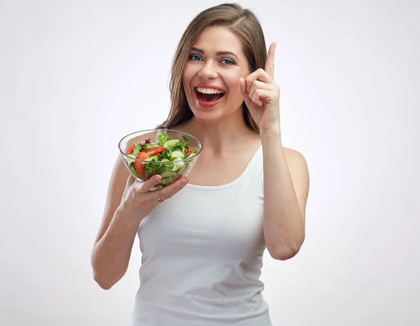 Dedo Señala Hacia Arriba Estilo Vida Saludable Retrato Aislado Mujer — Foto de Stock