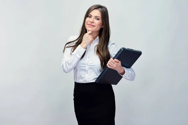 Mujer Negocios Sosteniendo Portátil Retrato Aislado Con Fondo Gris Estudio —  Fotos de Stock