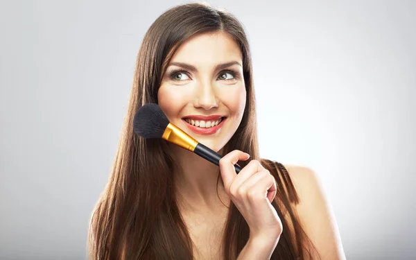 Beauty Portrait Woman Holding Make Brush Isolated Close Face Portrait — Stock Photo, Image