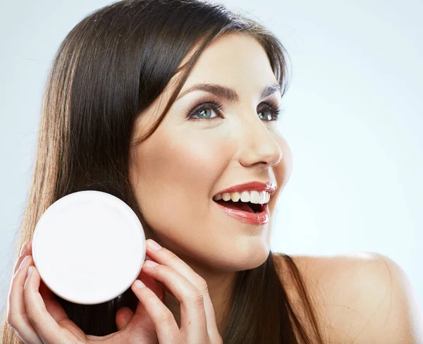 Beauty Portrait Smiling Girl Holding Skin Cream Isolated Studio Portrait — Stock Photo, Image