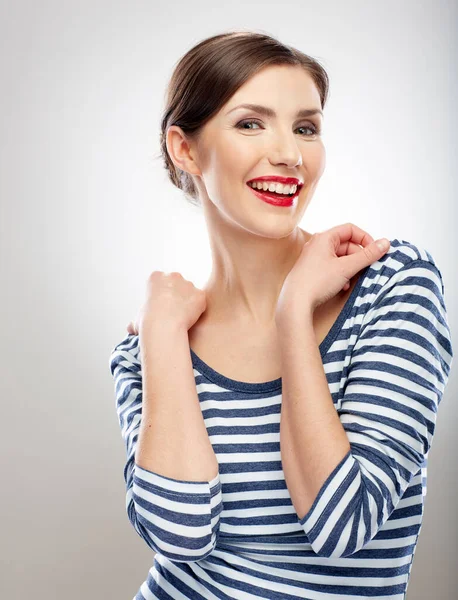 Lachende Mooie Vrouw Gestreepte Jurk Geïsoleerd Portret Wit — Stockfoto