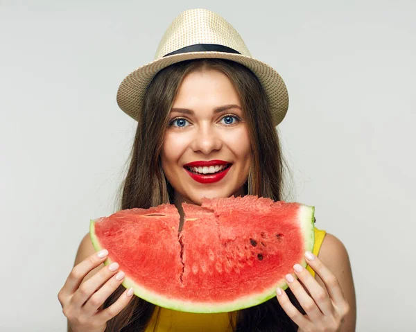 Nahaufnahme Porträt Einer Lächelnden Frau Mit Wassermelone Vitamin Sommer Diät — Stockfoto