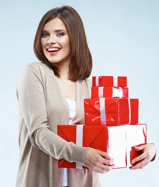 Happy woman holding giftbox — Stock Photo, Image