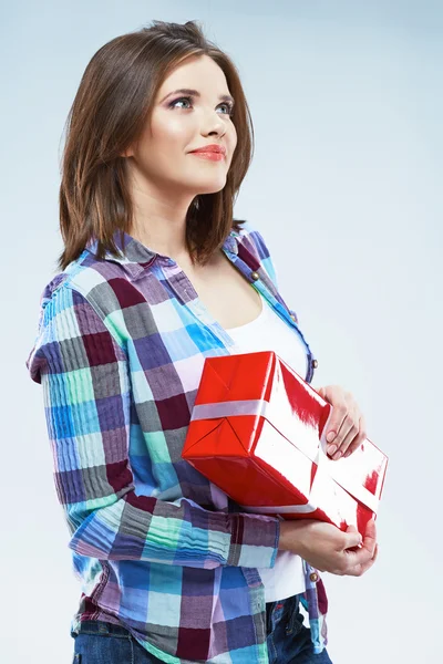 Smiling girl hold red gift. — Stock Photo, Image