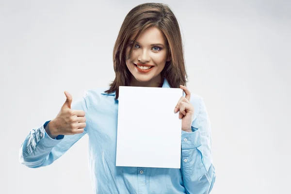 Businesswoman holding white baner — Stock Photo, Image
