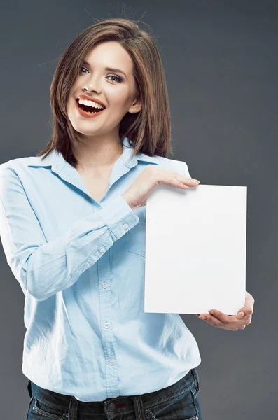 Business woman holding white banner. — Stock Photo, Image