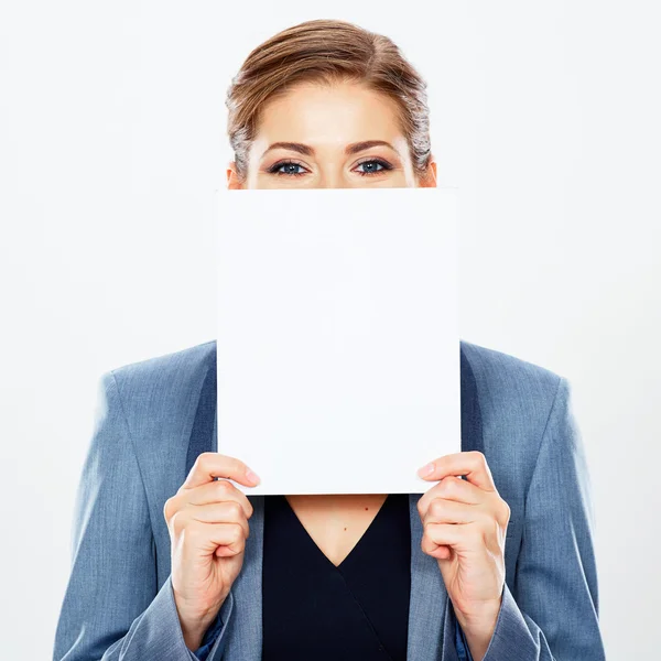 Businesswoman holding white blank banner — Stock Photo, Image