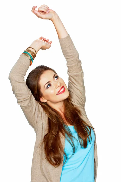 Young woman with hands up. — Stock Photo, Image