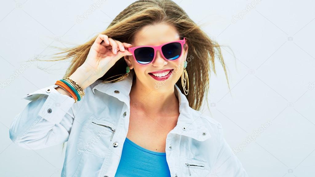 Smiling fashion model in funky style.