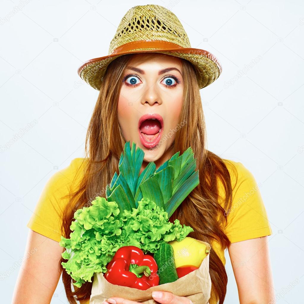 Woman with green vegan food
