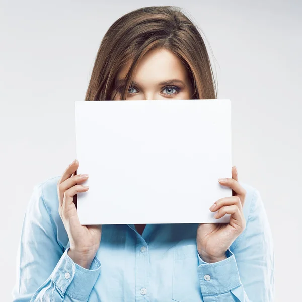 Office worker hiding face behind  banner. — Stock Photo, Image