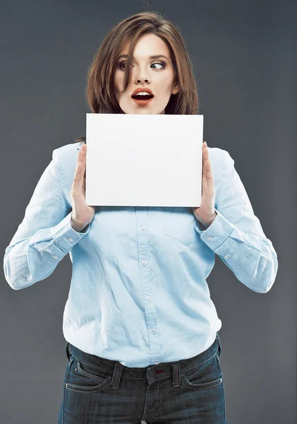 Surprised businesswoman with white board — Stock Photo, Image