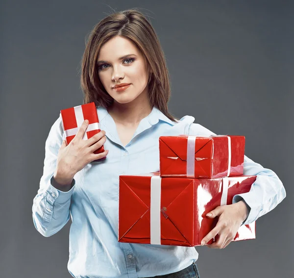 Office worker hold red gift. — Stock Photo, Image