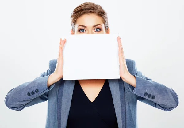 Business woman blank white banner — Stock Photo, Image