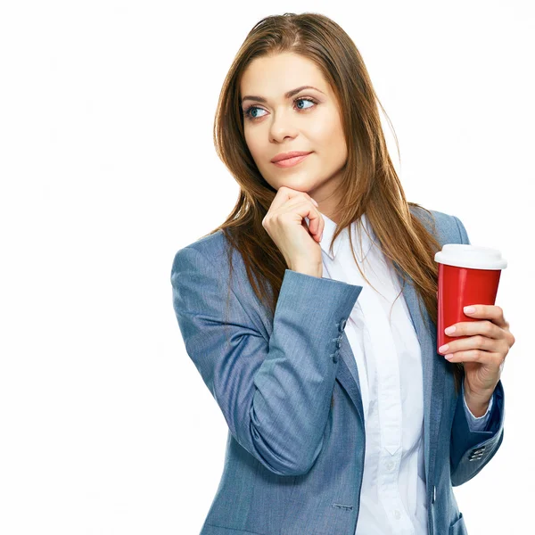 Businesswoman holding red coffee cup — Stock Photo, Image