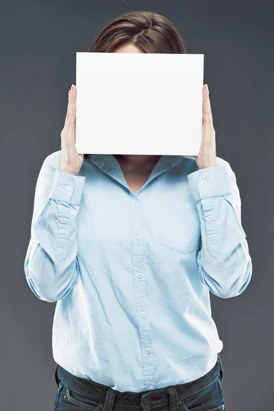 Businesswoman hiding face behind banner — Stock Photo, Image