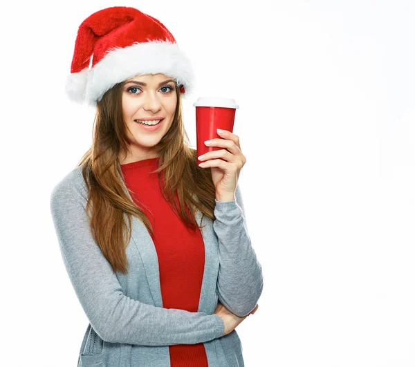 Cappello donna Babbo Natale con tazza di caffè — Foto Stock