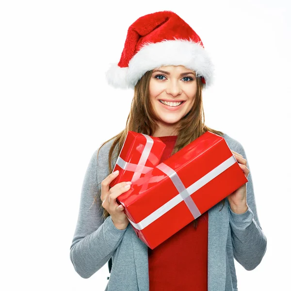 Donna sorridente in cappello di Babbo Natale — Foto Stock