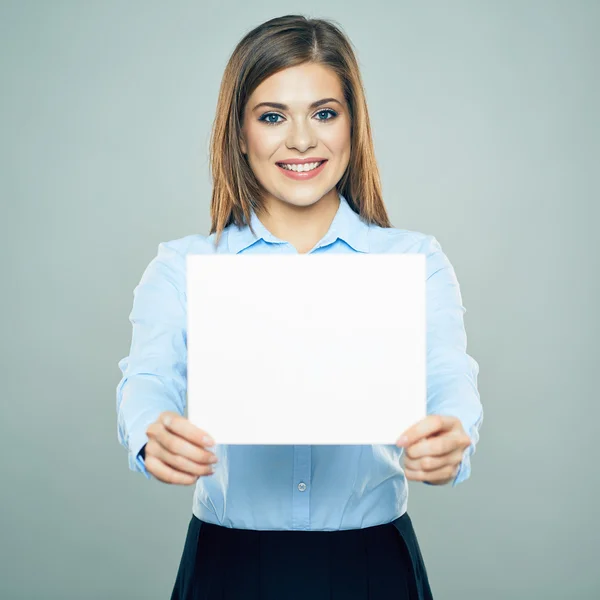 Business woman holds white board — Stock Photo, Image