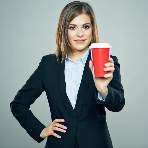 Businesswoman in suit with cup of drink — Stock Photo, Image