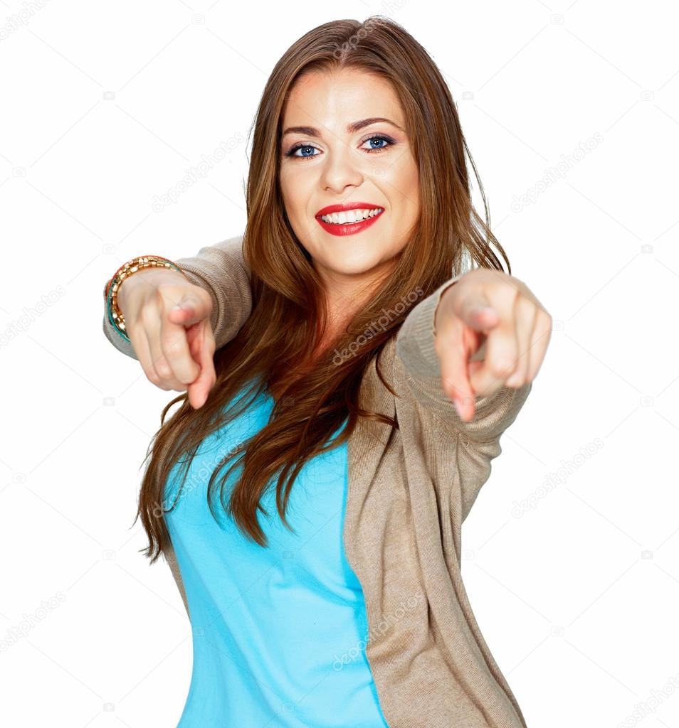 Smiling woman pointing at you