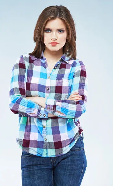 Mulher posando em camisa quadriculada — Fotografia de Stock