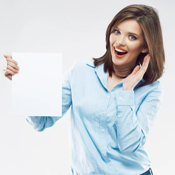 Businesswoman holds white banner — Stock Photo, Image