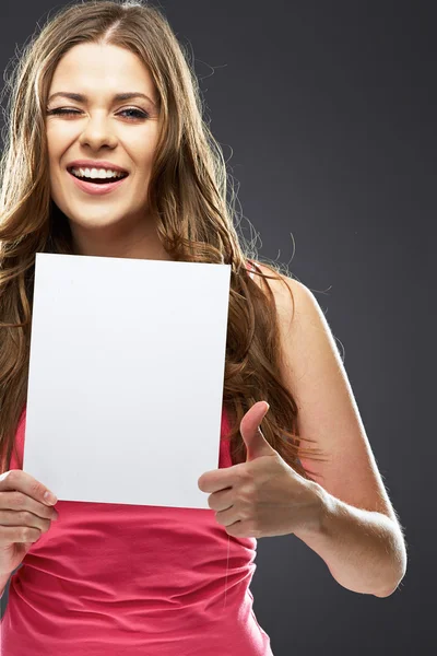 Woman holding white board — Stock Photo, Image