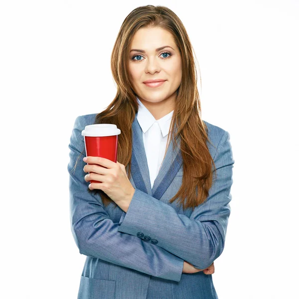 Bizneswoman z filiżanki kawy czerwony — Zdjęcie stockowe