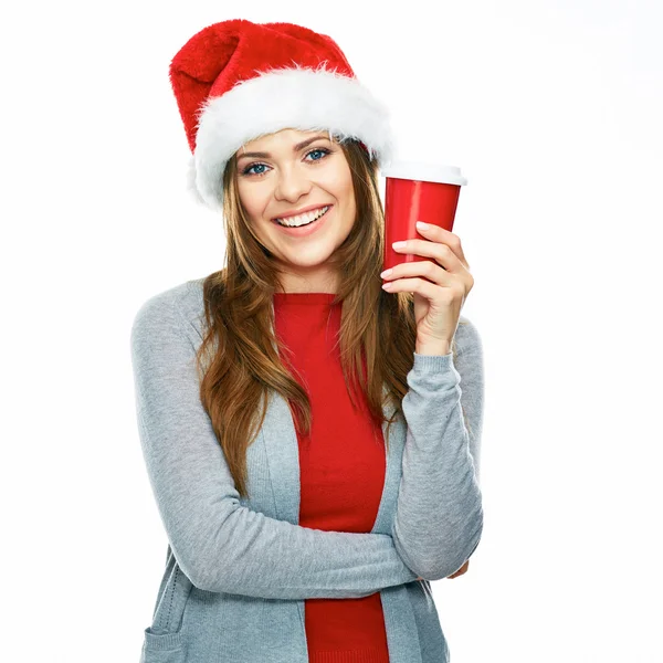 女人在圣诞老人的帽子与咖啡杯 — 图库照片