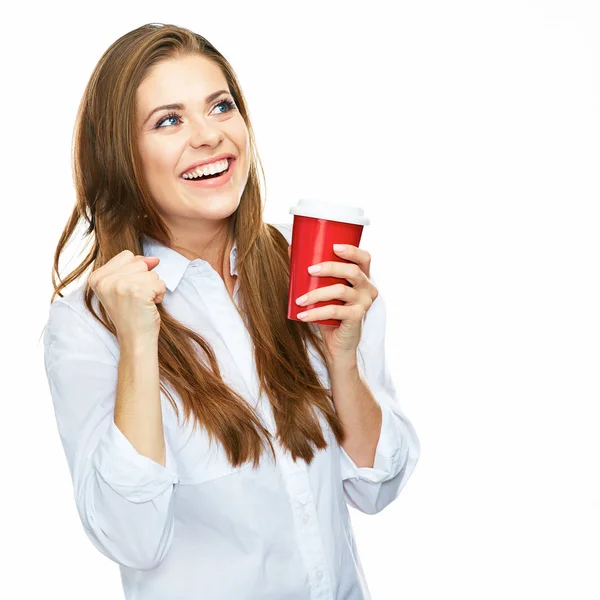 Donna d'affari con tazza di caffè rosso — Foto Stock