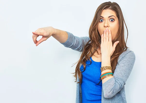 Mujer dedo señalando — Foto de Stock