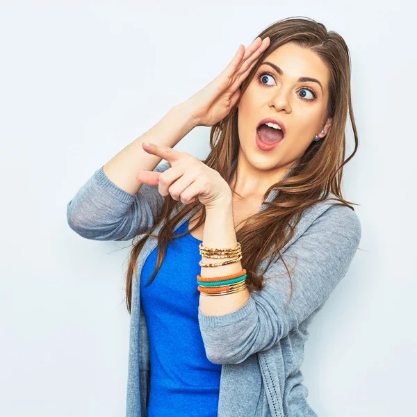Woman finger pointing — Stock Photo, Image