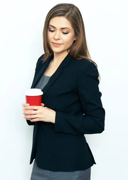 Bizneswoman z filiżanki kawy czerwony — Zdjęcie stockowe